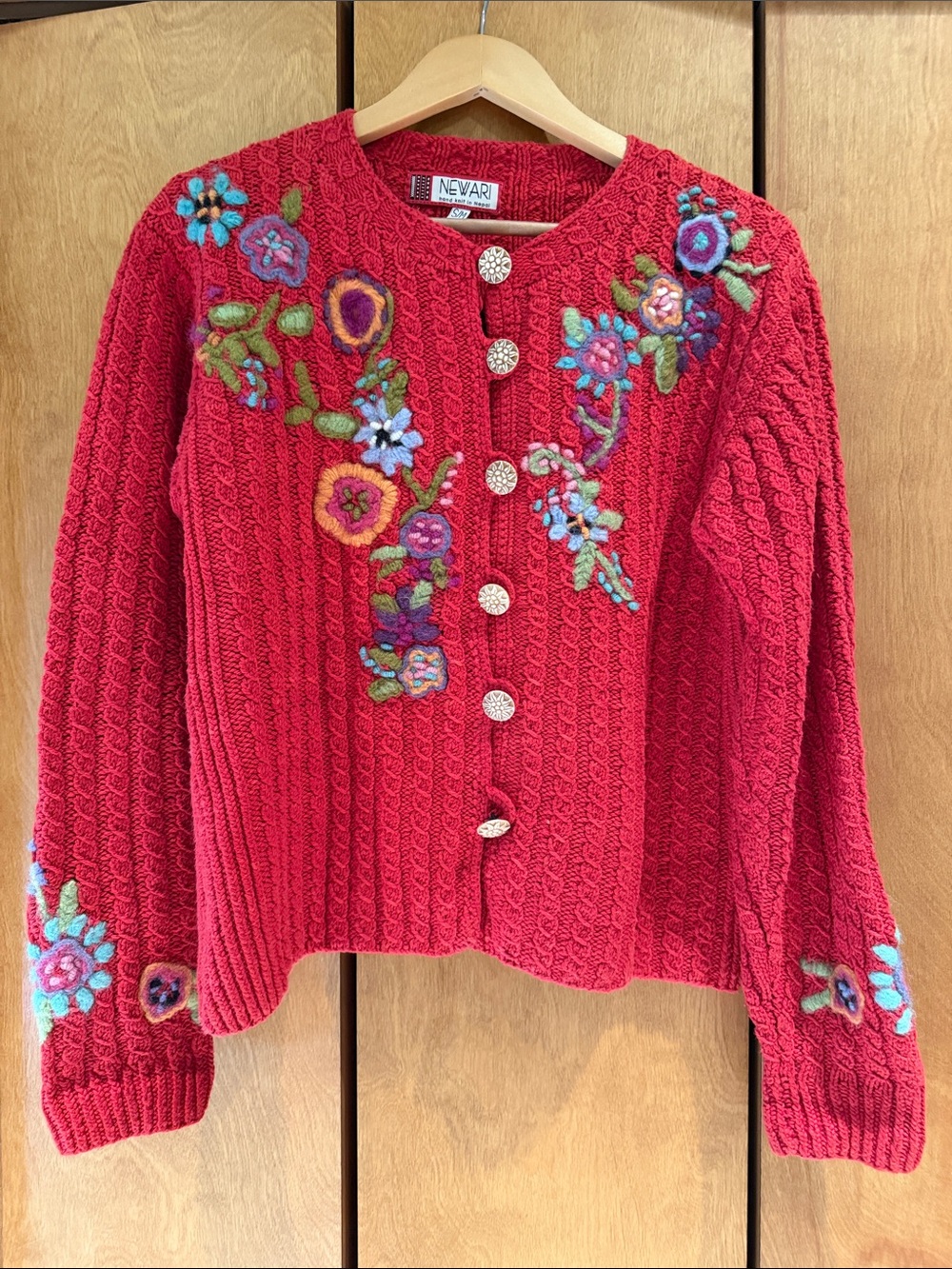Newari Hand Knit in Nepal S/M Red Embroidered Cable-Knit Sweater Cardigan